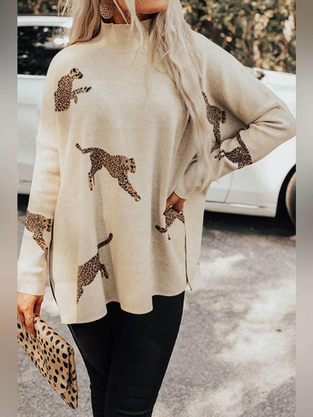 Animal Pattern Mock Neck Long Sleeve Slit Sweater